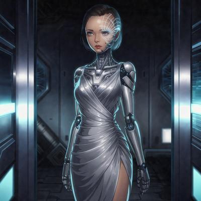 The primary subject of the image is a woman wearing a silver dress. She is standing in a room with a futuristic, high-tech atmosphere. The setting includes a doorway and a window, which adds to the room's overall ambiance. The visual style of the image is digital art, as it appears to be a drawing or illustration of a woman in a futuristic setting. The colors and mood of the image are predominantly silver and blue, creating a sense of sophistication and modernity.